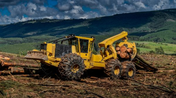 Yellow forestry skidder in valley
