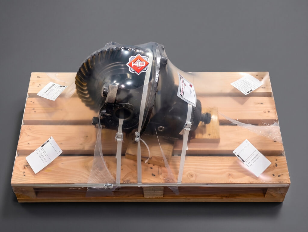 Differential carrier strapped and shrink-wrapped on a wooden pallet, ready for LTL shipping.